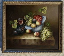 Vintage Wine Grapes on Wood Block- Still Life Oil Painting on Canvas By M. Aaron