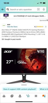 Acer Nitro XV272U F3bmiiprx 27'' WQHD IPS 300Hz Gaming Monitor FreeSync HDR