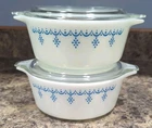 2x Vintage Pyrex Snowflake Garland 472 With Lid 1 1/2 Pt Blue White