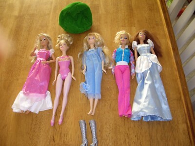 T4 Lot of 5 Barbie Dolls w Clothes Redhead 1 Pair Boots Ballerina Bean Bag Chair