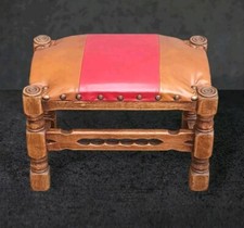 ANTICO SGABELLO PELLE 57x36h39 POUFF POGGIAPIEDI LEGNO ANTICO SGABELLO MEDIEVALE