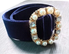 2" Wide Women Velvet Waist Belt Rhinestone Beaded Buckle Waistband Cinch Retro