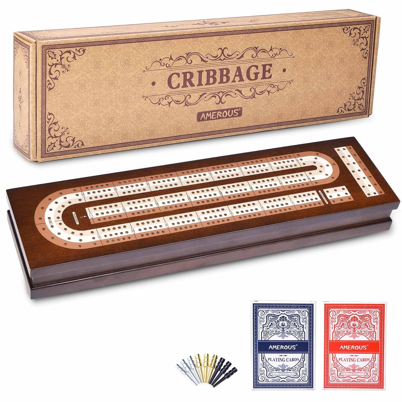 Amerous Wooden Cribbage Board Set with Magnetic Lock, 2 Cards & Metal Pegs