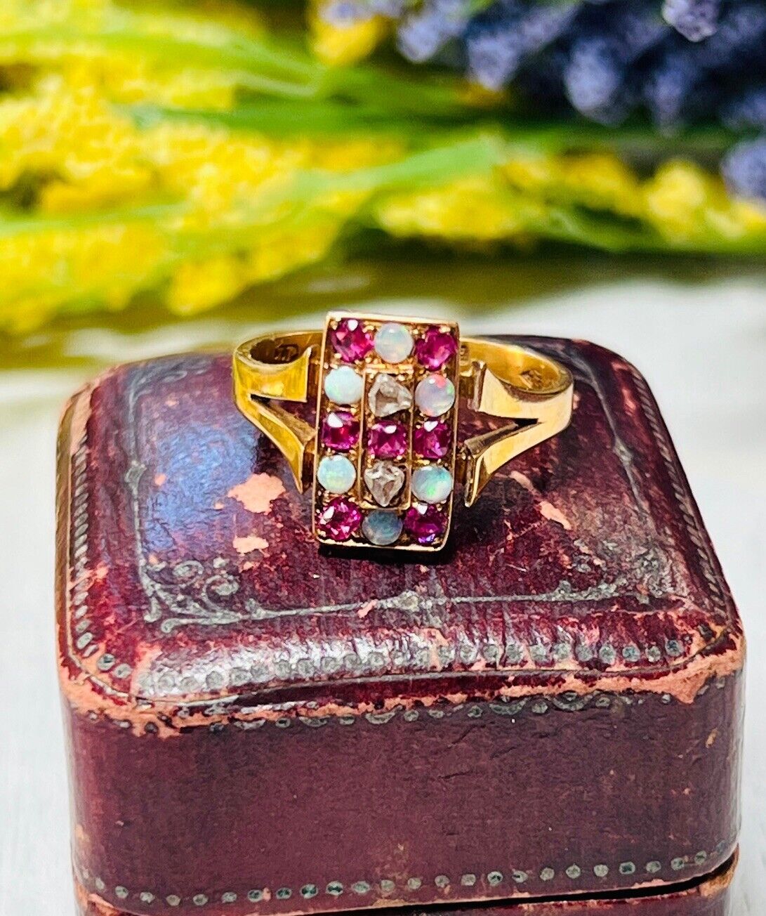 18k Gold Natural Diamond Opal Ruby Victorian Anti… - image 6