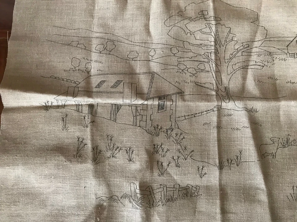Vintage unused large natural tapestry embroidery canvas country houses bush aus - Image 4 of 4
