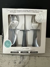 Grabease Baby and Toddler Self-Feeding Utensils Spoon Fork Knife Set GRAY NEW