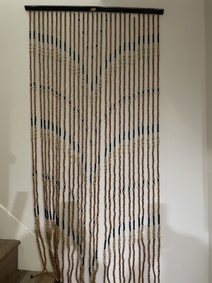 Beaded Wood Curtain Vintage Door Way Entry Brown Wood Hanging Hippie Boho 