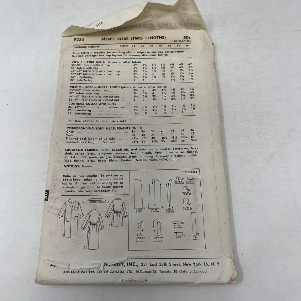 Advance Pattern Men's Robe 9230 1950s Uncut Chest 40 - Image 3 of 4