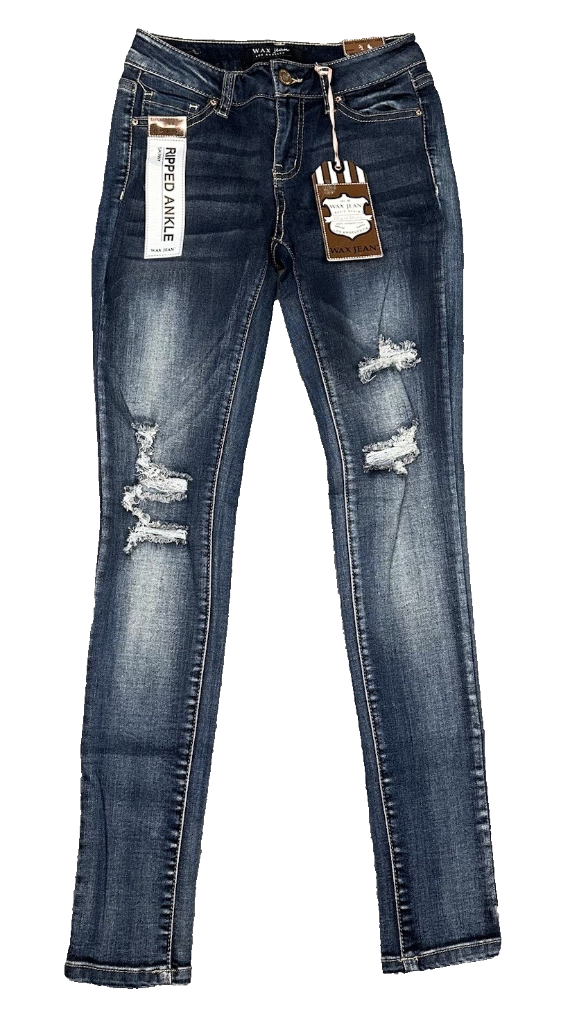 Wax Jeans Womens 0 Blue Denim Stretch Ripped Ankle Skinny 24x28 Los Angeles NEW