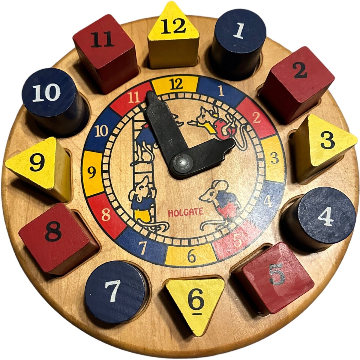 Holgate Toy Co. wood Clock educational toy Blocks shapes, colors
