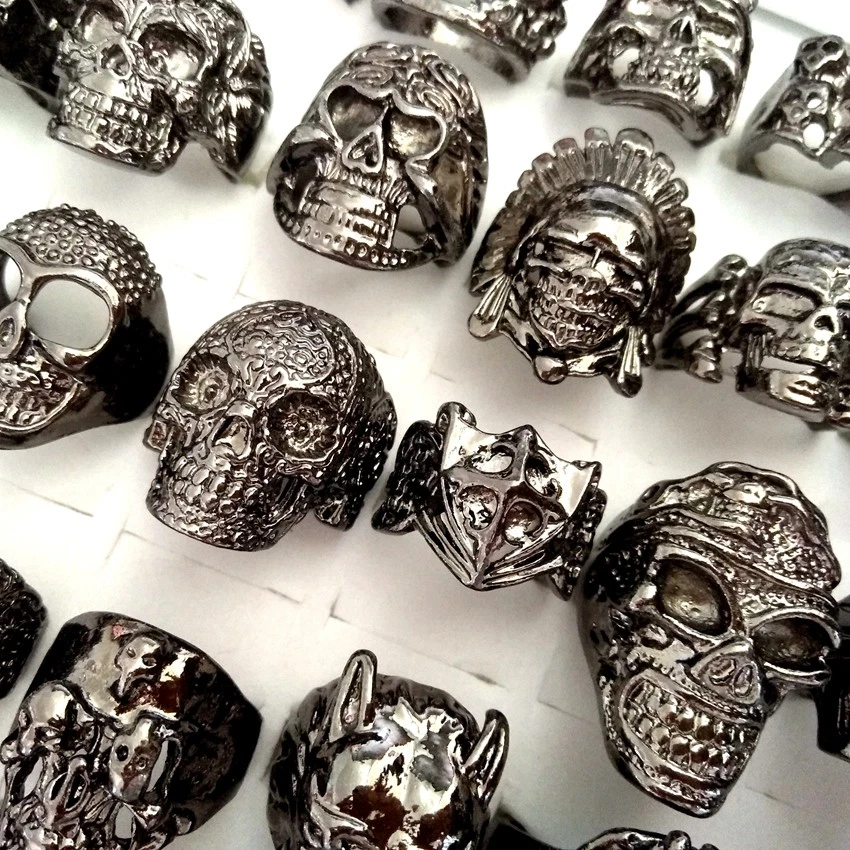 30 Men s Black or Dark Gray Skull Skeleton Rings Boy Punk Biker Ghost Cool Ring