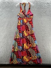 VTG Sue Wong Maxi Dress 4 Red Colorful Geo Silk Boho Halter Gown Beach Resort