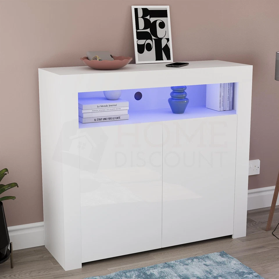 LED Sideboard High Gloss Buffet Cupboard Display Cabinet TV Unit Stand 2 3 Doors