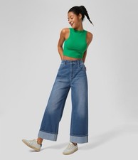 Halara High Rise Wide Leg Jeans Blue Stretch Rolled Hem Pockets Womens M