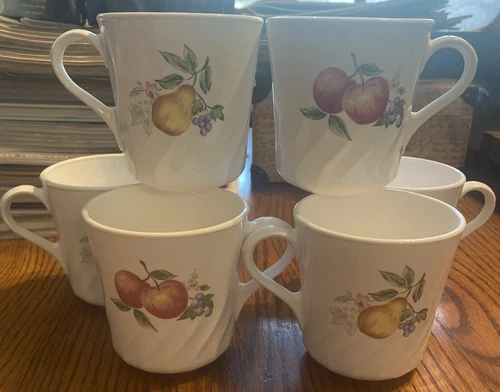 6 Corelle Cups Fruit Apple Pear Blueberries Mugs Corningware White Swirl