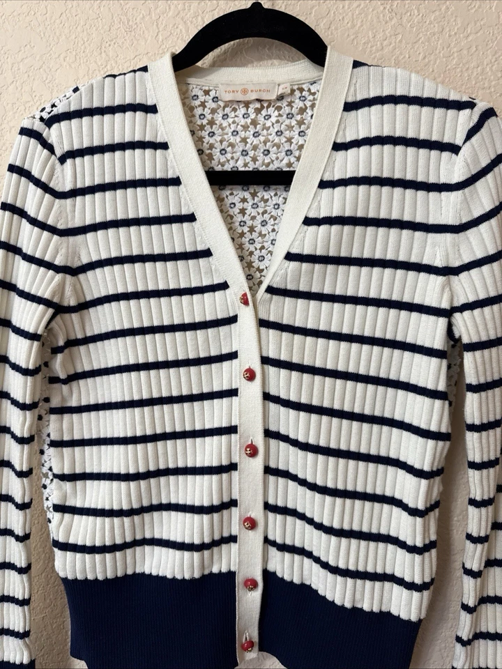 Tory Burch Cardigan Women’s Sz S Cream Blue Stripe Logo Buttons Crochet Floral - image 4 of 4