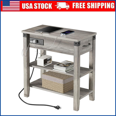 End Table With Charging Station,3-Tier Narrow Side Table With Drawer & Storage