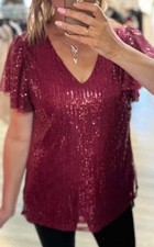 Pretty “QED LONDON” Red Sequin, Sparkly, Stretchy, Ladies Top. Fits 10-14 BNWOT