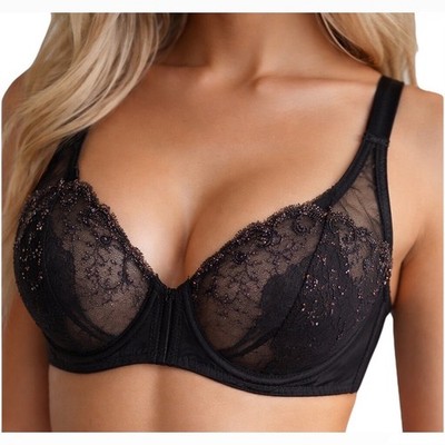 Simone Perele Sheer Embroidered Bra 36D Black Luxury Lingerie NWT