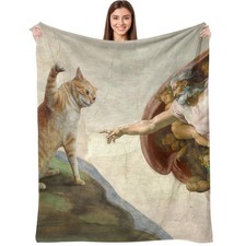 Funny Cat Art Flannel Blanket Michelangelo Parody 50x60 Inch Soft Throw Pro