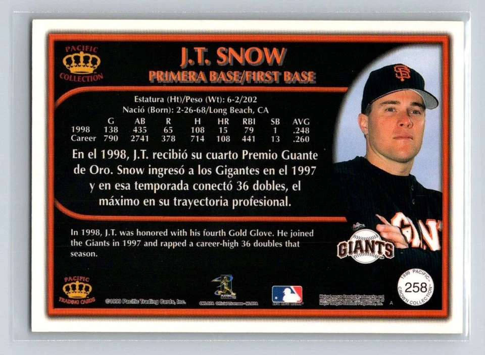 1999 Pacific Crown Collection #258 J.T. Snow San Francisco Giants Baseball Card - Image 2 of 2