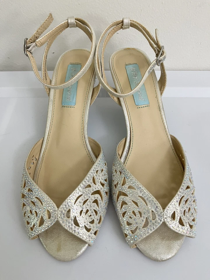 СИНИЙ на betsey johnson слоновой кости туфли свадебные туфли Sz 8 драгоценности котенок каблук с ремешками - Изображение 2 из 4