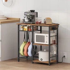 Bakers Rack with Power Outlet, Microwave Stand with Adjustable Mesh Rack, 