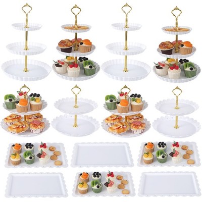 14-Piece Dessert Stand Set with Cake Stands and Rectangle Serving Trays White
