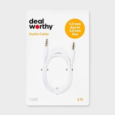 3' Aux Cable - Dealworthy  White: Male-to-Male 3.5mm Jack Audio Adapter