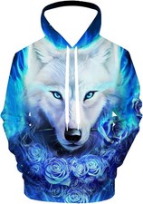 3D White Wolf Hoodie Unisex Pullover Sweatshirt Blue Rose Galaxy Print