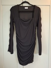 Oh Polly Womens Black Ruched Dress Uk 16 Diamonte Detail Open Sleeves Vgc Stretc