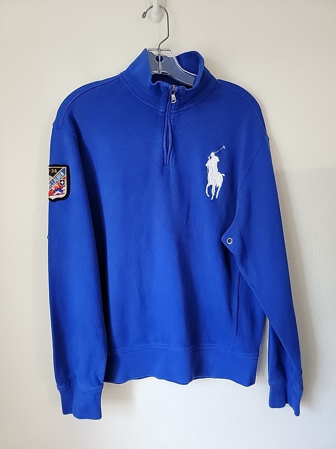 Felpa vintage Ralph Lauren Big Pony manica sci pattuglia patch uomo blu medio