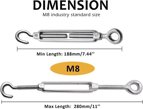 2PCS M8 Hook & Eye Turnbuckle Wire Rope Tension 304 Stainless Steel Hook and Eye - Picture 2 of 7