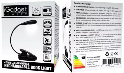 igadget® 4 led rechargeable book light for reading in bed & music stand - black image 9