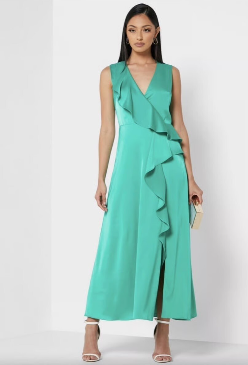 TED BAKER London Emerald Green Florili Satin Ruffle Front Slit Midi Dress 0  2 XS | eBay