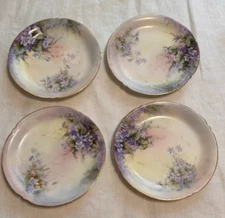 Antique JPL Limoges France set of 4 Plates 7" Purple Violet Flowers gold Rim