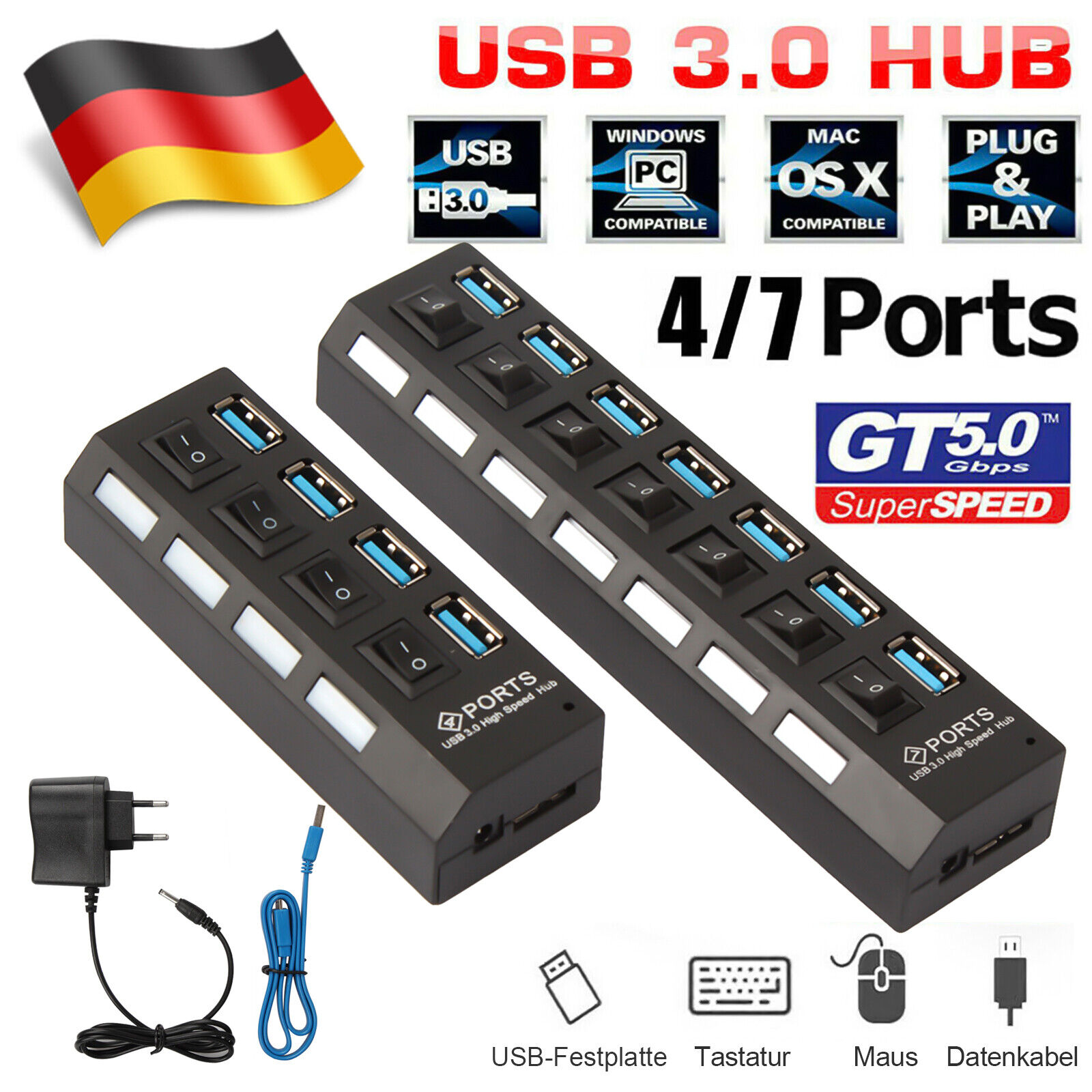4/7 Port USB 3.0 Hub aktiv mit Stromverteiler USB Super Speed für PC Laptop  Hubs