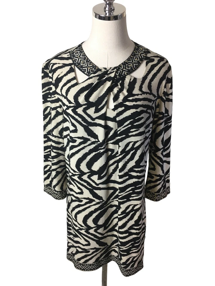 Top túnica Joseph Ribkoff talla 12 negro beige dorado detalles en cuello y mangas Foto 2 de 4