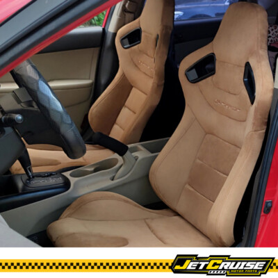 Universal Pair Reclinable Racing Seats + Dual Slider Brown Suede Carbon Leather