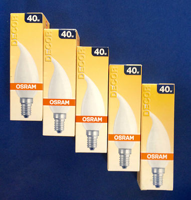 5 x OSRAM Glühlampe Kerze Windstoß Satiniert 40W E14 Kerzenlampe Windstoß Decor 