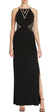 AIDAN MATTOX Black Crepe Illusion Cutout Side Slit Column Gown 14 NEW 350