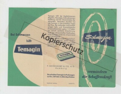 Advertising sheet Temagin pain reduce creativity 1955 Beiersdorf