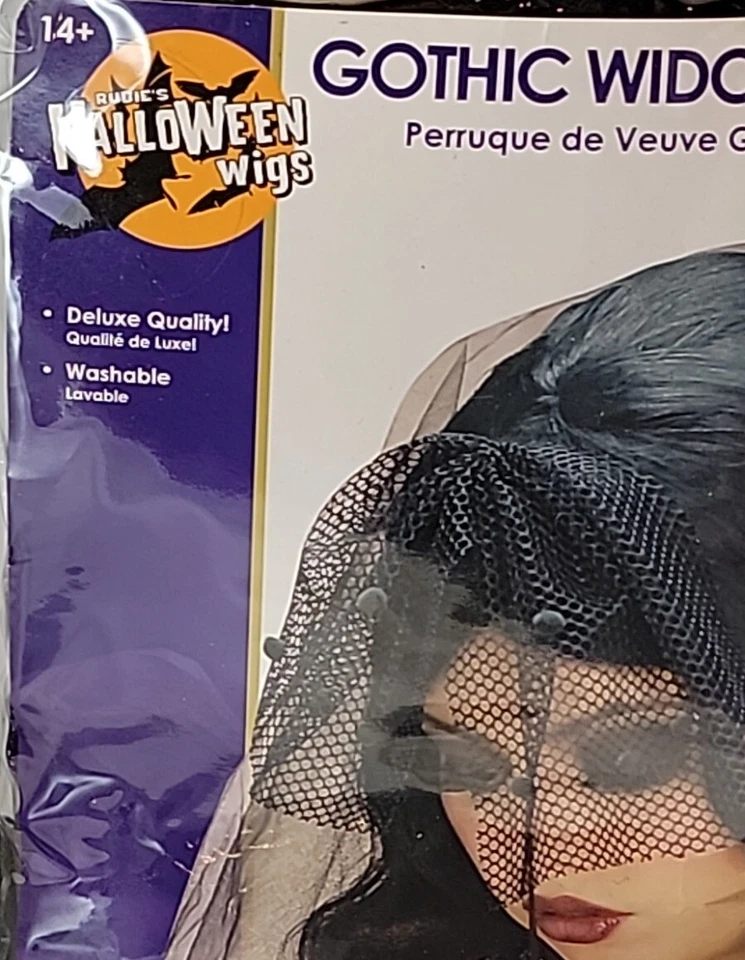 Gothic Widow Wig Vampire Black Veil Mourning Halloween Adult Costume Accessory - Image 2 of 4