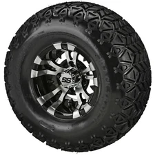 (4) Golf Cart 22x11.00-10 Black Trail Tire on 10x7 Black/Machined Vampire Wheels