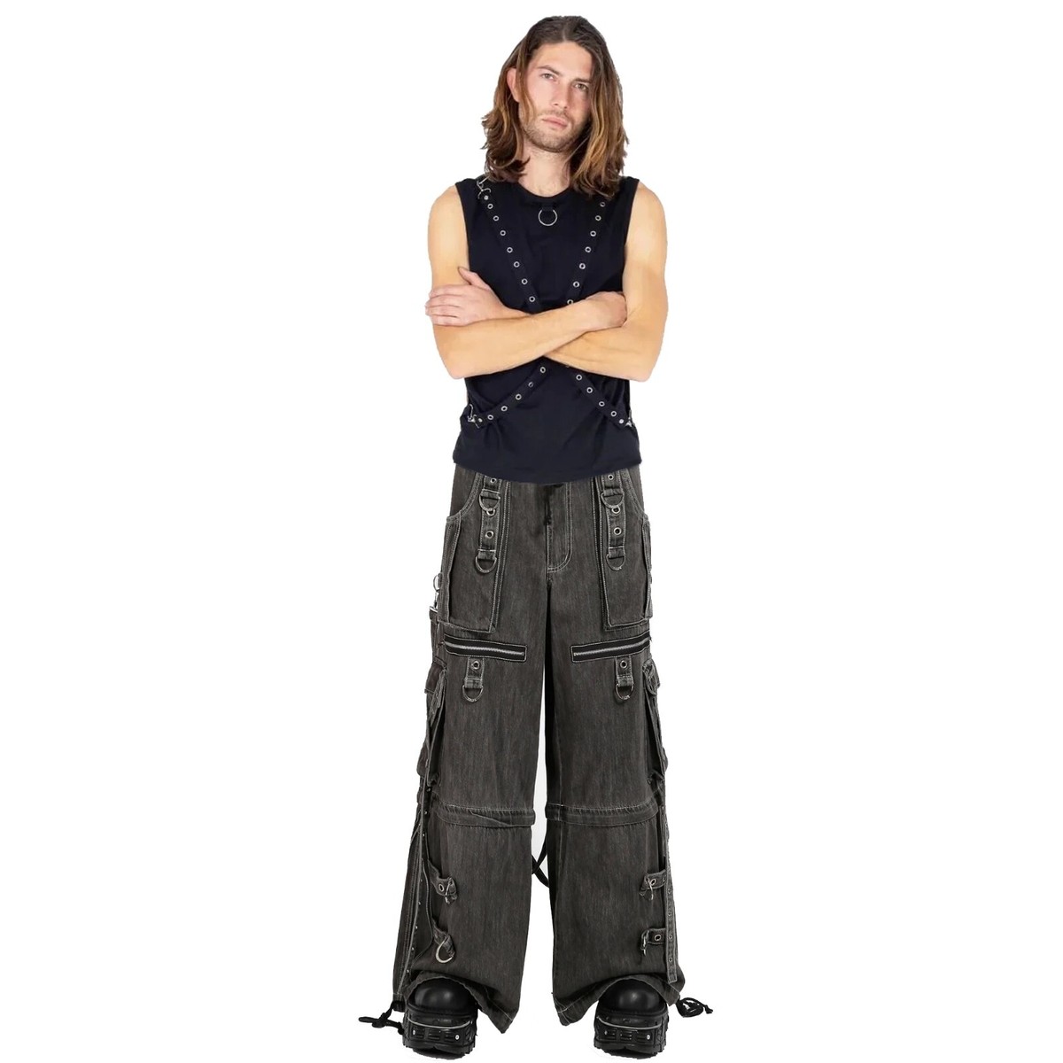 Men Black Denim Jeans Apocalyptic Punk Emo Trip Pants/ Gothic