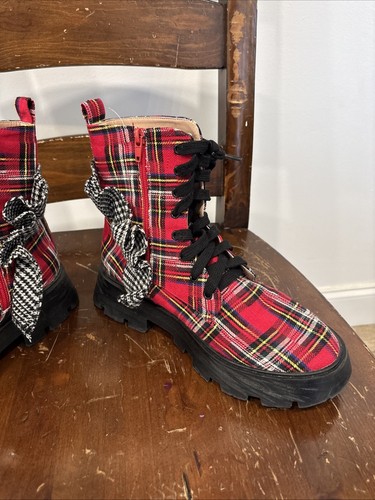 Betsey Johnson Rozey Womens Ankle Bootie | Red Plaid Multi | 8M - Picture 3 of 11