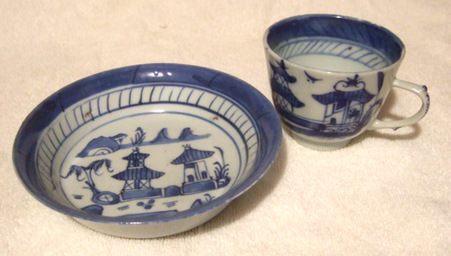 19th C Chinese Export Porcelain Blue White Canton Miniature Cup and Saucer