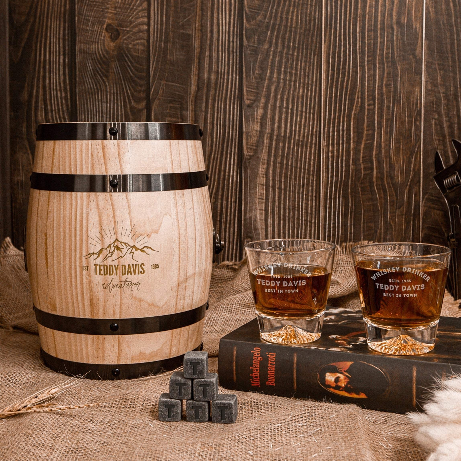Personalised Set of 2 Rock Mountain Whiskey Glasses & 6 Ice Stones in Wooden Bar