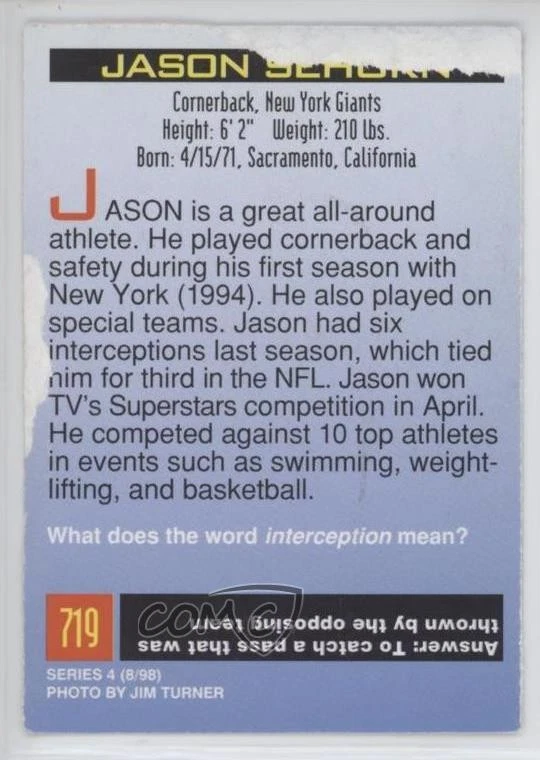 1998 Sports Illustrated for Kids Series 2 Jason Sehorn #719 - Image 2 of 2