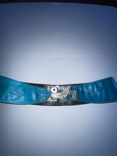 Vtg Teal leather belt w/ a large stylized Southwestern metal buckle 34 in